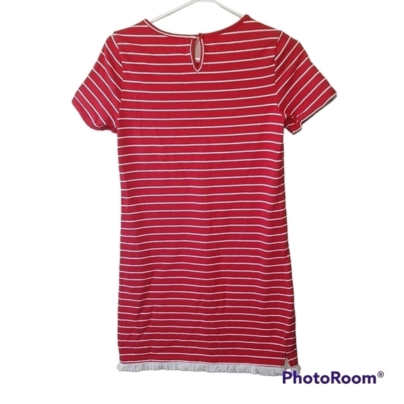 Beachlunchlounge Striped Short Sleeve Midi Shift Dress with Fringe - Picture 2 of 8